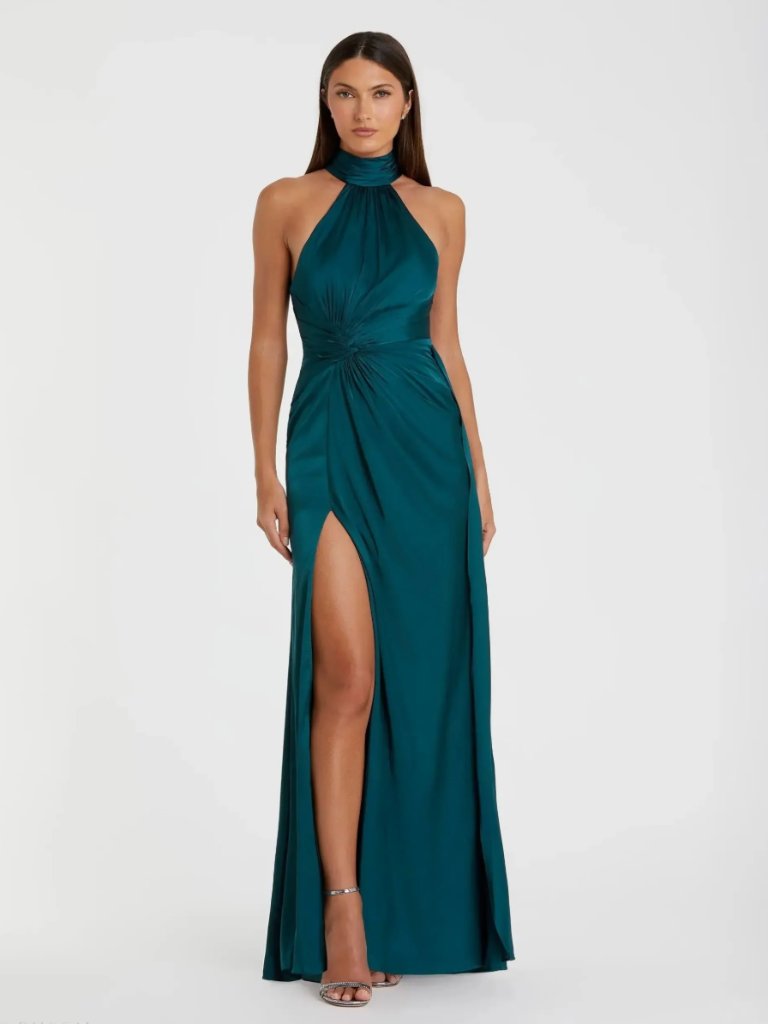 Mac Duggal Open Back High Neck Side Ruched Gown Blue / Ocean Nwt Size 6